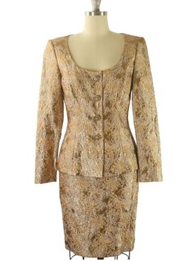 Escada Couture Metallic Gold Floral Brocade Jacquard Jacket & Skirt Set Size 34